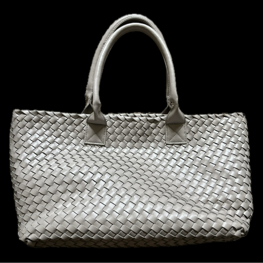 Expressions NYC Earth Vegan Leather Woven Tote Bag- Large, Soft Grey